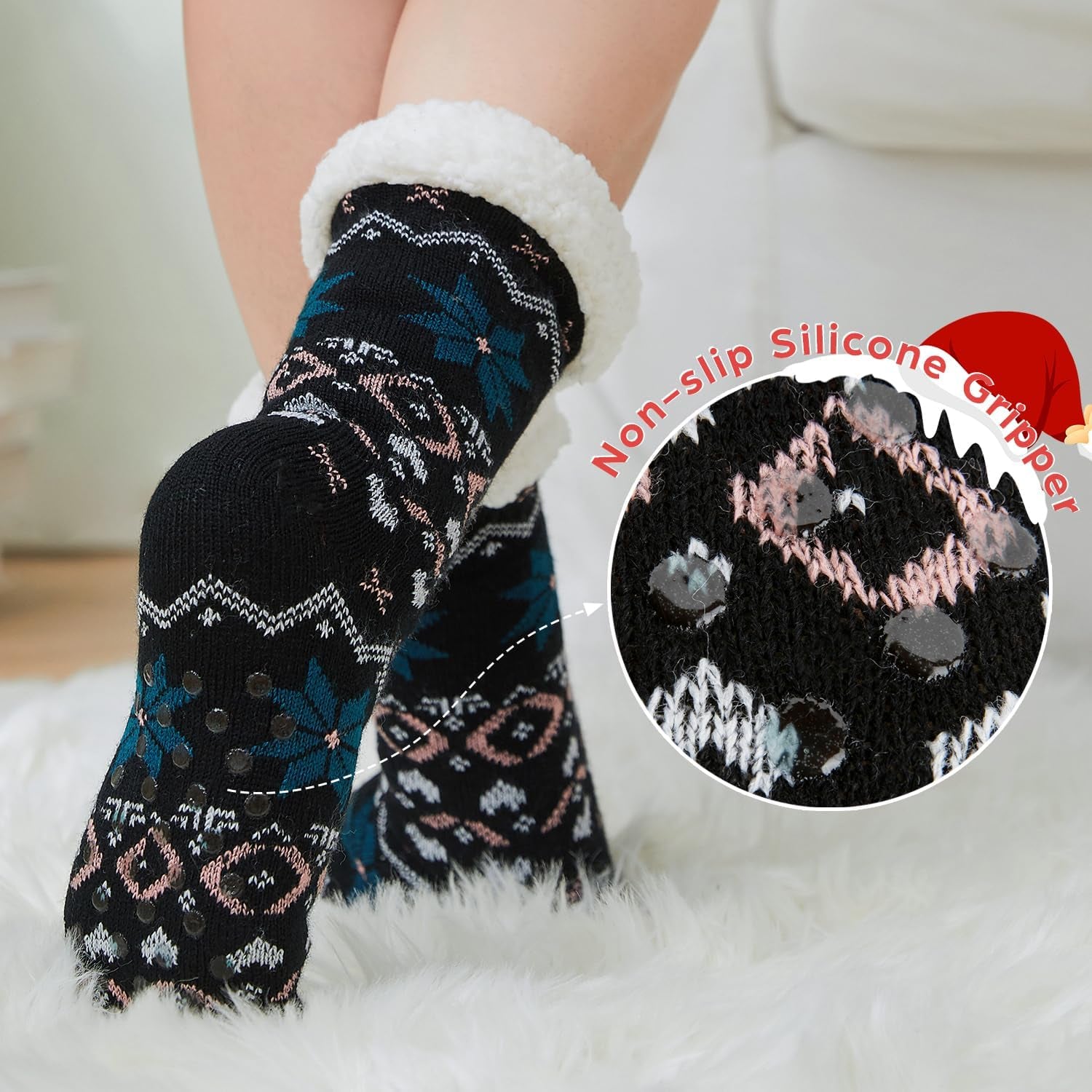 Sock Slippers for Women - 2 Pack Non Slip Socks - Fuzzy Socks Warm Socks with Grippers Sherpa Fleece Lined Thermal