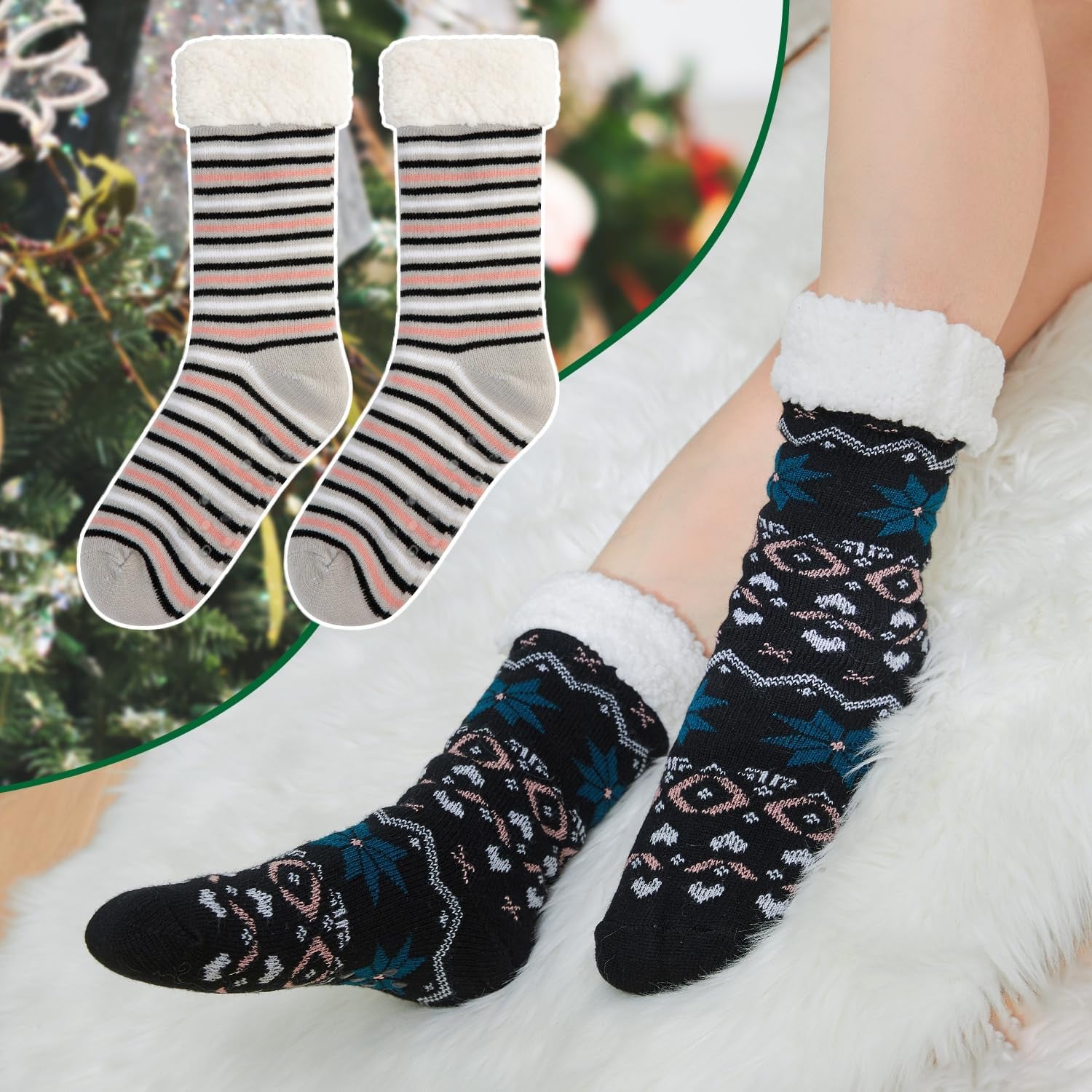 Sock Slippers for Women - 2 Pack Non Slip Socks - Fuzzy Socks Warm Socks with Grippers Sherpa Fleece Lined Thermal